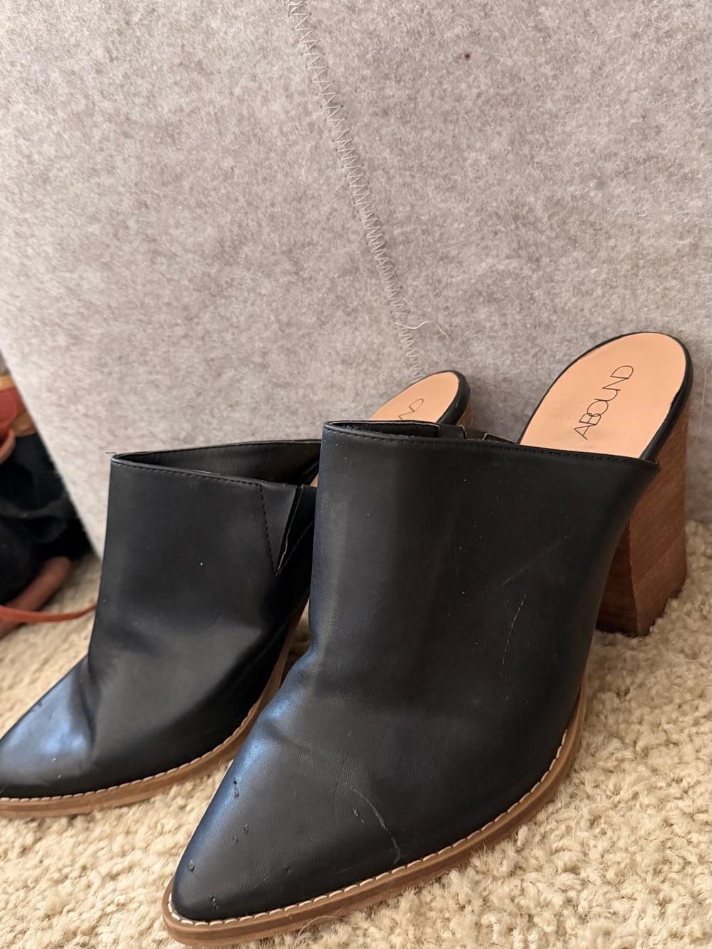 Abound Black Leather Pointed-Toe Mule with Wooden Block Heel